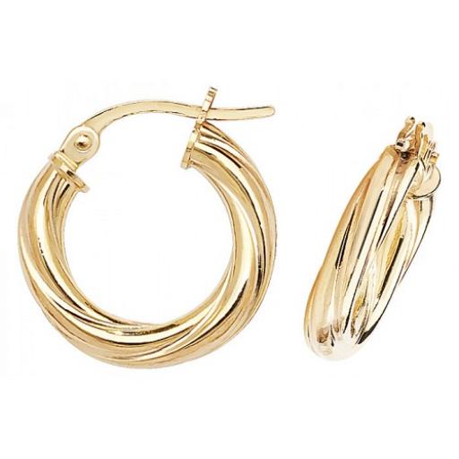 9ct Gold Hoop Earrings 3mm Round Cable Twisted Tube Creoles Sleepers Gift Box