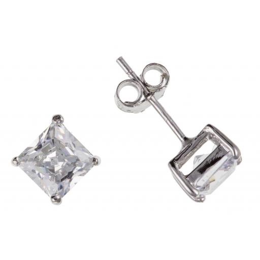 Sterling Silver Square 3,4,5,6,7,8mm White Cubic Zirconia Studs | Various Sizes