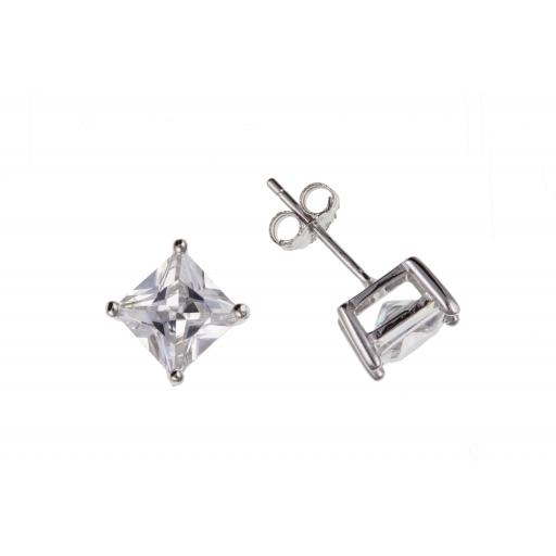 Sterling Silver Square 3,4,5,6,7,8mm White Cubic Zirconia Studs | Various Sizes
