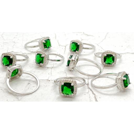 Sterling Silver Ladies CZ 10x10mm Green Cushion Ring