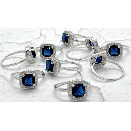 Sterling Silver Ladies 10x10mm Blue Sapphire Cushion Ring