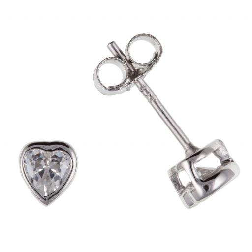 Sterling Silver Heart Shape Rub Over White CZ Studs