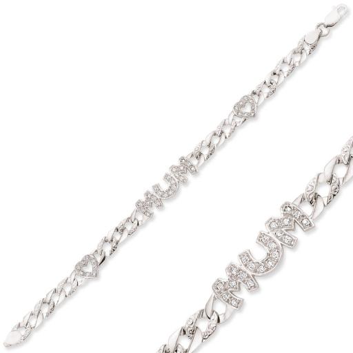 Sterling Silver 7.5" Cubic Zirconia Mum Hearts Bracelet