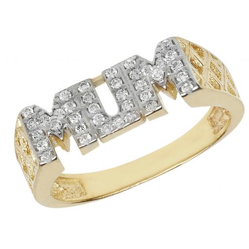 9ct Gold Cubic Zirconia Pave Set Mum Ring Basket Link Pattern On Shoulders