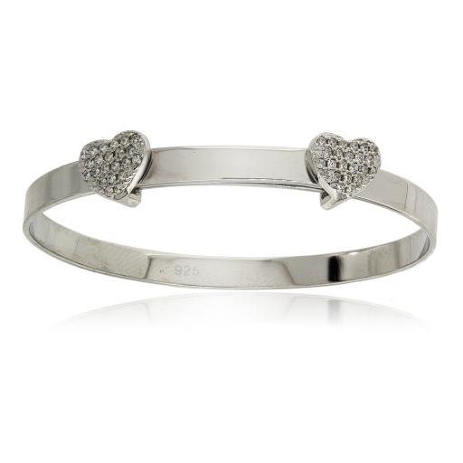 925 Sterling Silver Polished Expandable Baby ID Bangle Double CZ Hearts