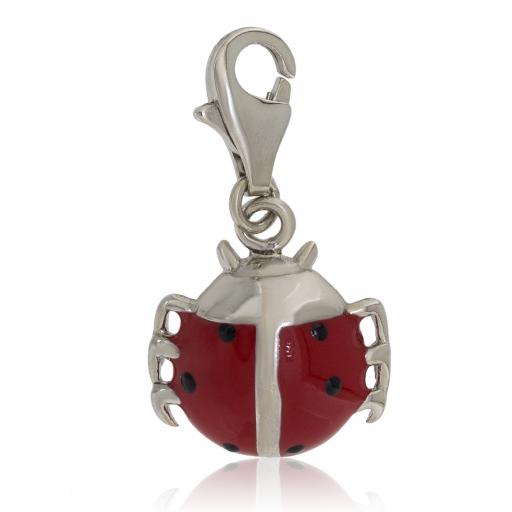 925 Sterling Silver 26mm Red Ladybird Drop Charm Pendant For Charm Bracelets