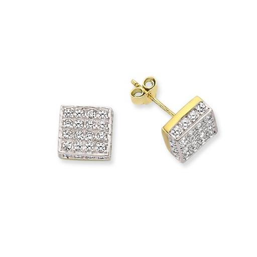 9CT GOLD CUBIC ZIRCONIA 9MM CUBE STUD EARRINGS