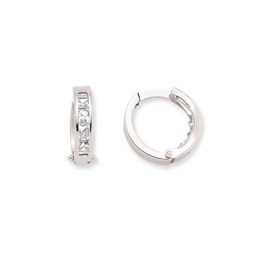 9CT WHITE GOLD 14MM 5X SQUARE CUBIC ZIRCONIA HUGGIE EARRINGS