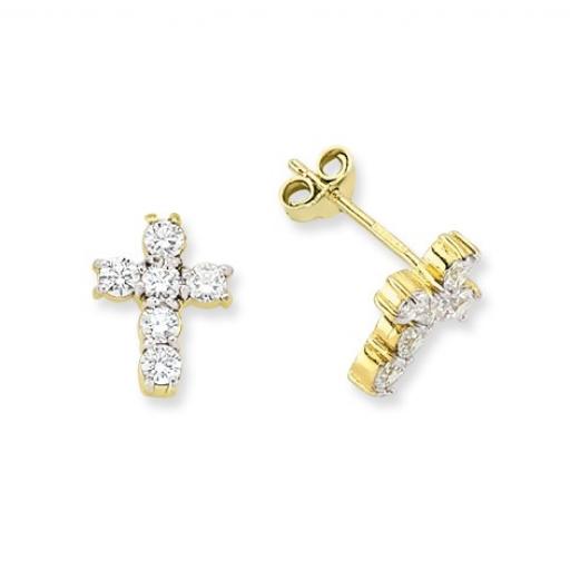 9CT YELLOW GOLD CUBIC ZIRCONIA 10X12MM CROSS SHAPE STUD EARRINGS