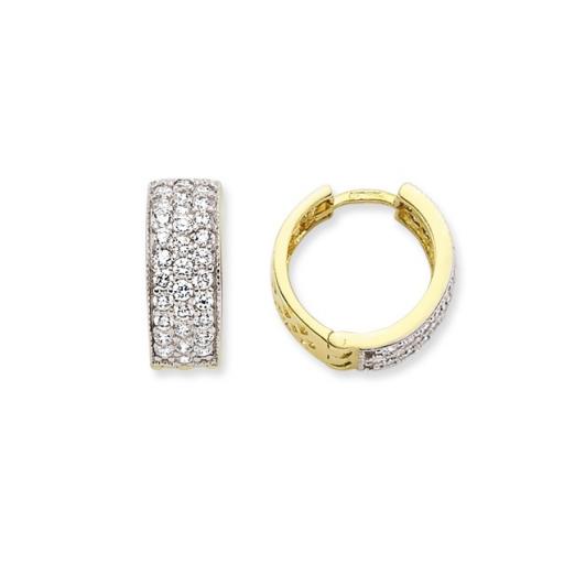 9CT YELLOW GOLD 15X6MM TRIPLE ROW CUBIC ZIRCONIA FLAT HUGGIE EARRINGS GIFT BOX