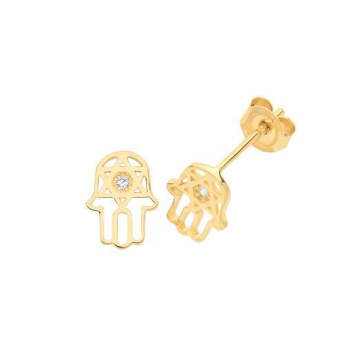 9ct Yellow Gold CZ Hamsa Stud Earrings