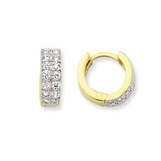 9ct Yellow Gold 12x4mm Double Row Cubic Zirconia Huggie Hoop Earrings Gift Box