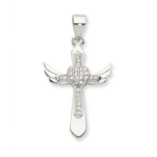 Sterling Silver CZ Flared Winger Heart Cross Pendant