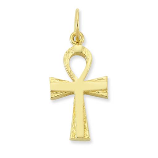 9ct Yellow Gold 27x9mm Egyptian Ankh Barked Edge Cross Pendant