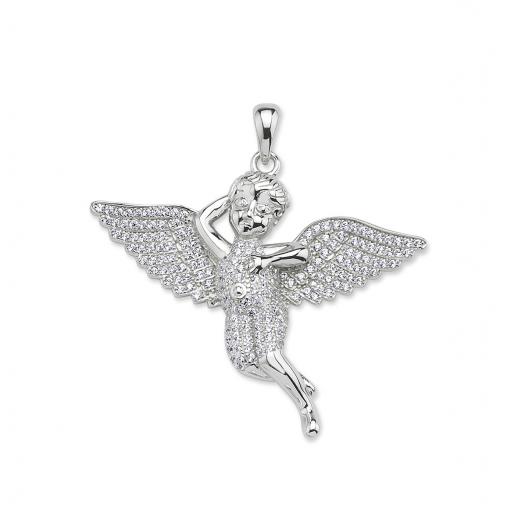 Sterling Silver CZ Winged Flying Cherub Angel Pendant