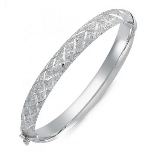 Sterling Silver Ladies D Shape Criss Cross Diamond Cut Hinged Bangle Gift Box