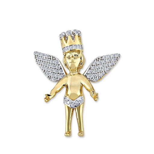 375 9ct Gold Cubic Zirconia Winged Cherub Angel With Crown Pendant