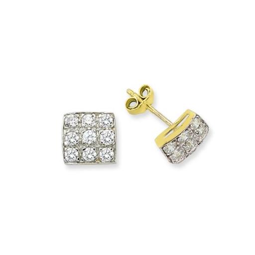 9CT GOLD CUBIC ZIRCONIA 8MM 3X3 SQUARE STUD PAVE SET COLLETTE EARRINGS