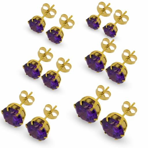 9CT GOLD ROUND AMETHYST CUBIC ZIRCONIA STUD EARRINGS