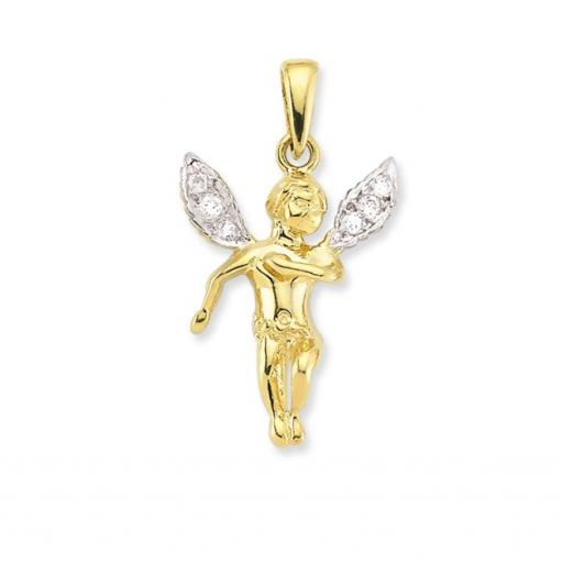 9ct Gold Cubic Zirconia 28x20mm Winged Cherub Angel Pendant