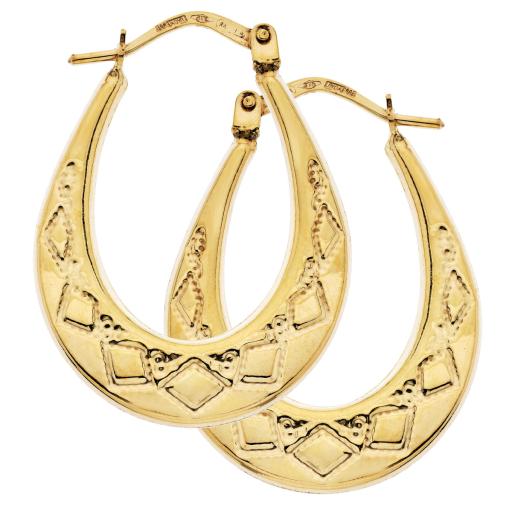 9ct Gold Hoop Earrings Oval Engraved 27x19mm U Shape Diam Pattern Gypsy Victorian Gift Box