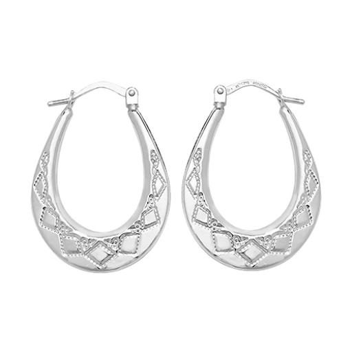 Sterling Silver Hoop Earrings 27x20mm Oval Engraved U Shape Diamond Pattern Gypsy Victorian Creoles Gift Box