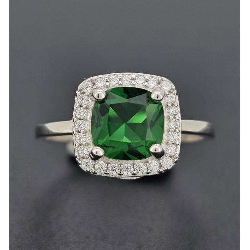 Sterling Silver Ladies CZ 10x10mm Green Cushion Ring