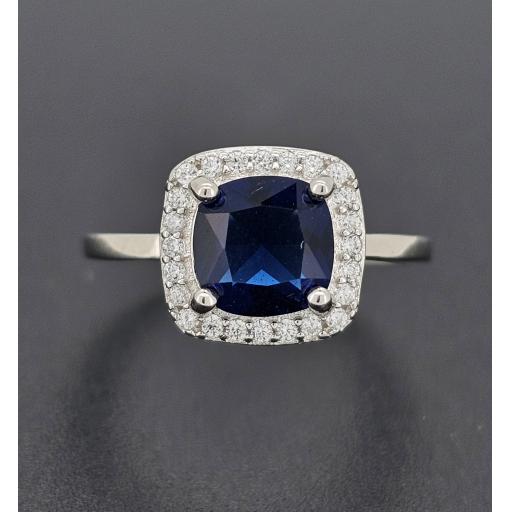 Sterling Silver Ladies 10x10mm Blue Sapphire Cushion Ring