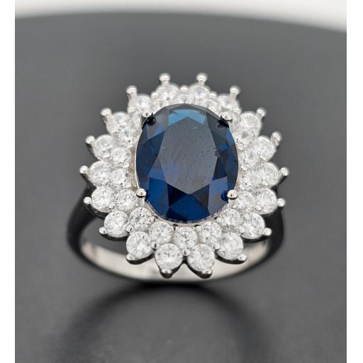 Sterling Silver Cz Ring Ladies 18x17mm Oval Sapphire Cubic Zirconia Halo Cluster Dress Gift Box