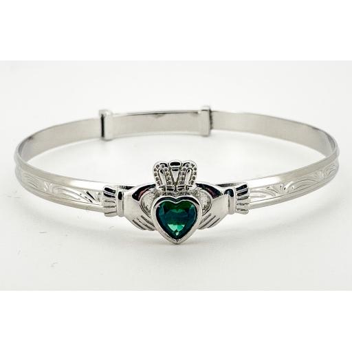 Sterling Silver Claddagh Baby Bangle Green CZ Polished Expandable Childs Hands on Heart Irish Wedding Bracelet Gift Box