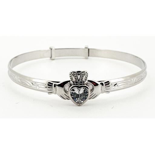 Sterling Silver Claddagh Baby Bangle CZ Polished Expandable Childs Hands on Heart Irish Wedding Bracelet Gift Box