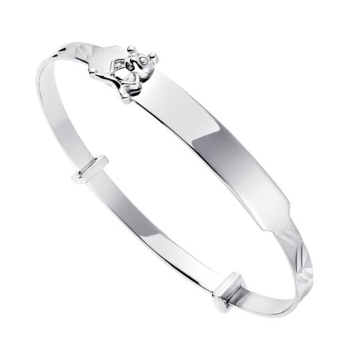 925 Sterling Silver Diamond Cut Expandable Baby Identity Bangle With Teddy Bear